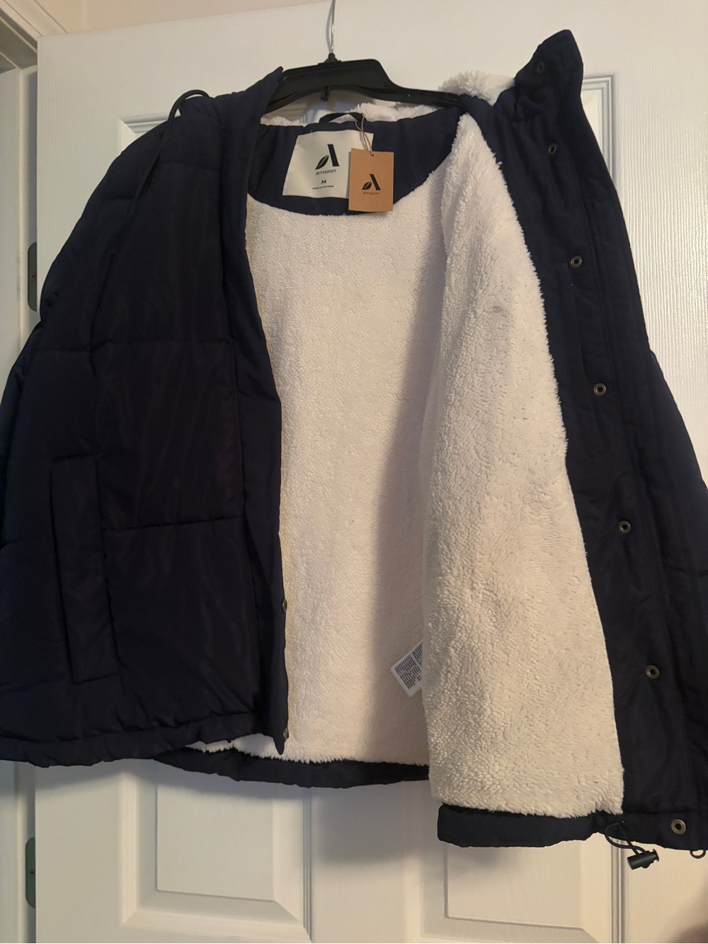 Amazon Navy Puffer Jacket with Cream Sherpa Lining